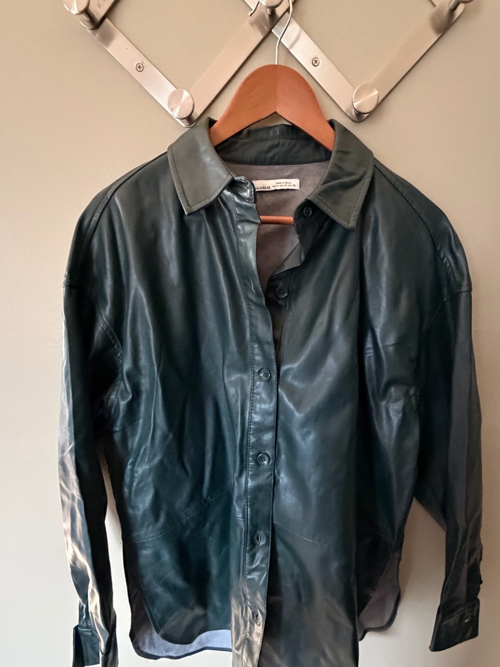 Pull & Bear Green Faux Leather Button Down Shirt Size Medium